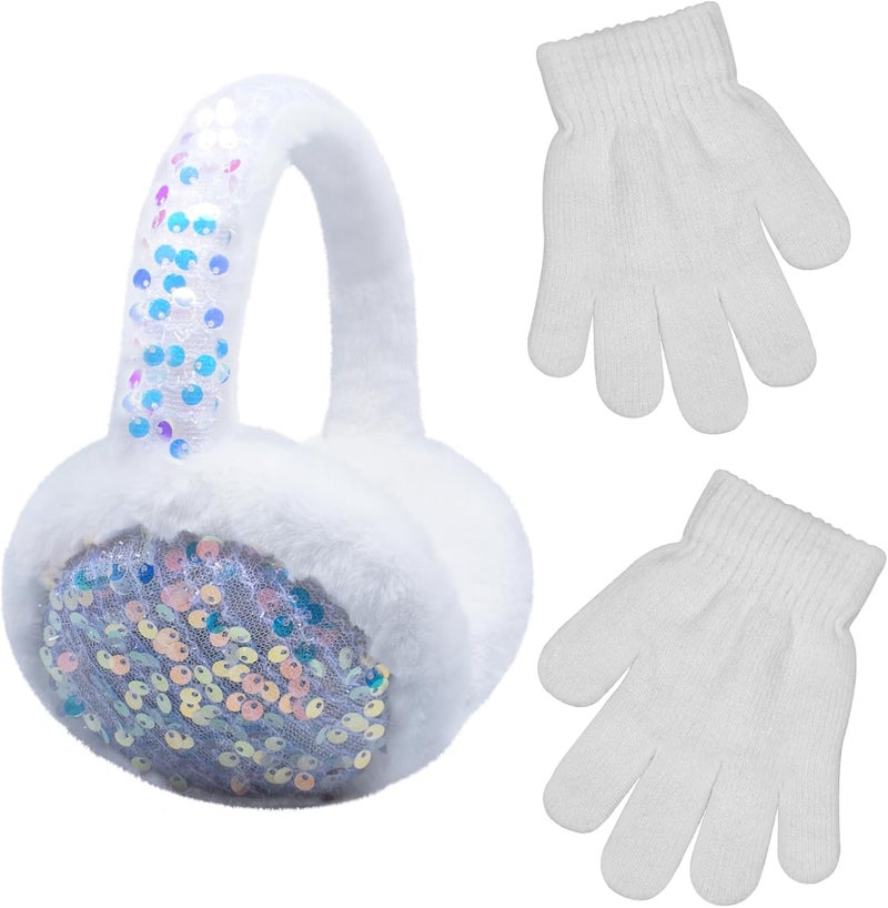 EDCYF Ear Muffs Gloves Set for Kids Girls Winter Ear Muffs Adjustable Sequins Warm Earmuffs Furry Outdoor - Image 1